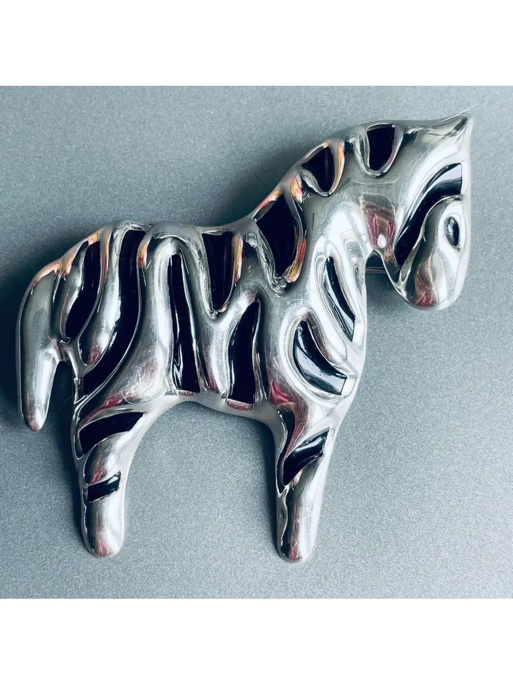 Vintage Taxco Mexico Zebra Black Enamel Sterling Silver Brooch Pin Desig…